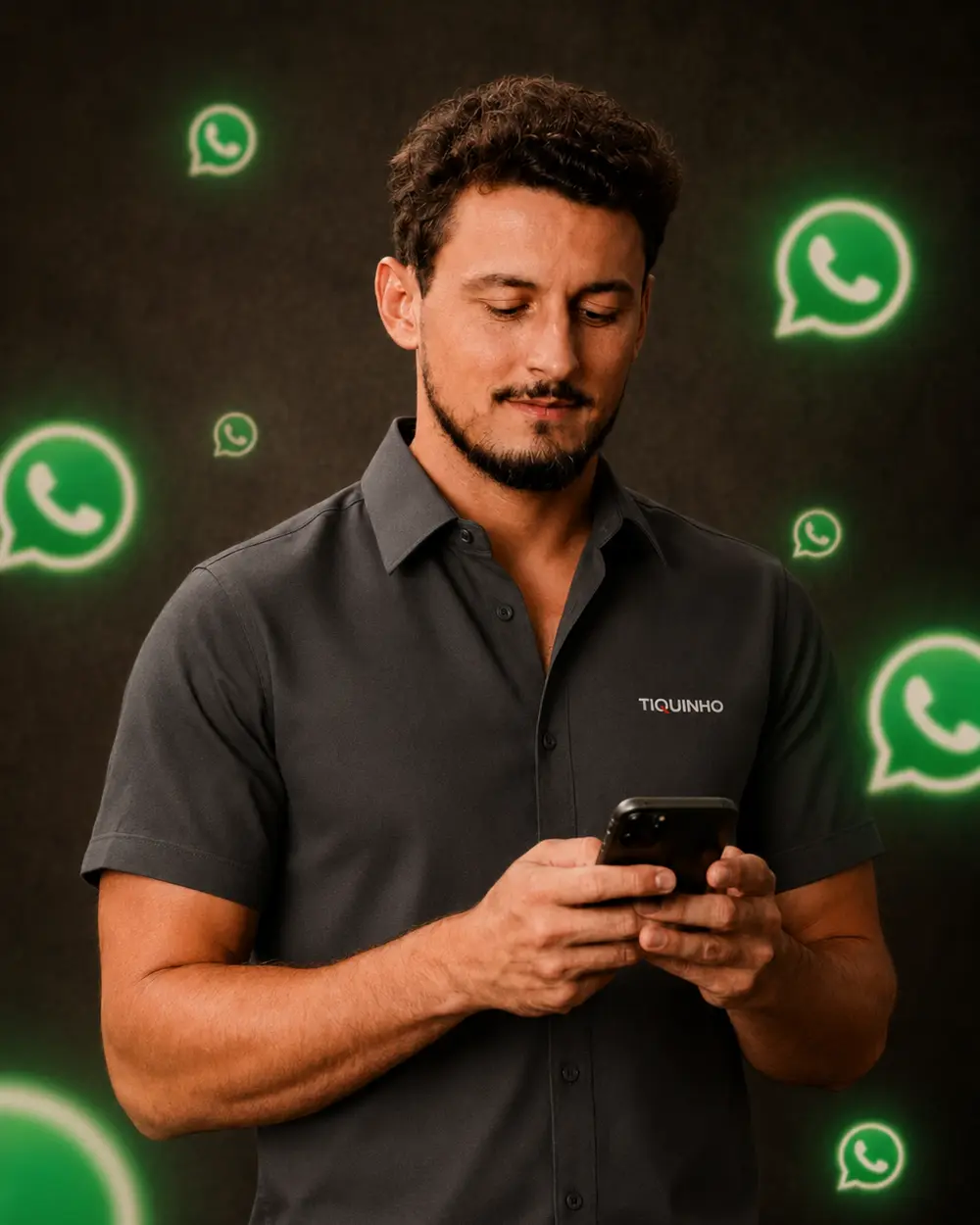 Profissional Tiquinho com uniforme cinza conversando pelo WhatsApp