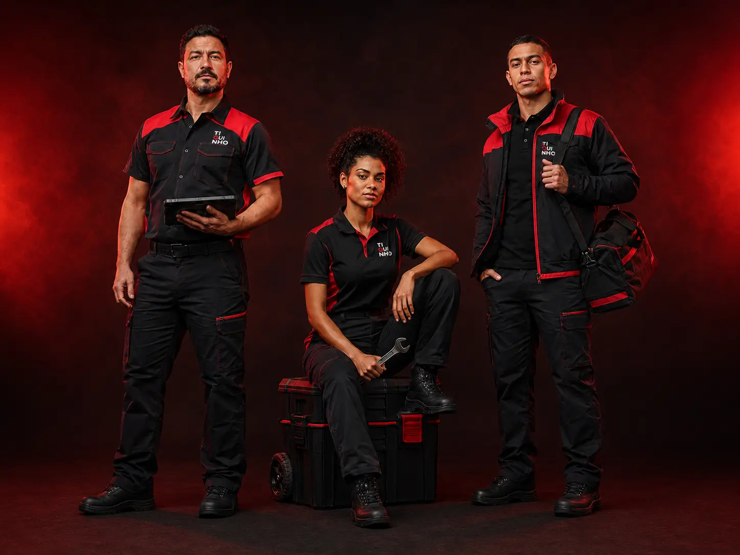 Equipe de construção, manutenção e serviços técnicos usando uniformes personalizados pretos e vermelhos