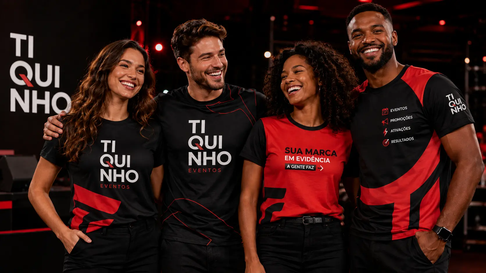Equipe de evento corporativo usando camisetas personalizadas pretas e vermelhas