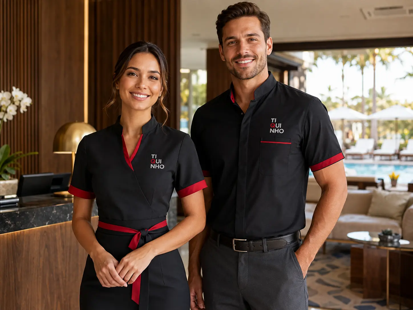Profissionais de hotelaria e turismo usando uniformes personalizados em Olímpia