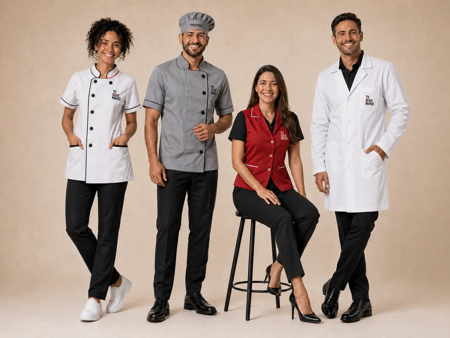 Profissionais de saúde, estética e alimentação usando uniformes personalizados