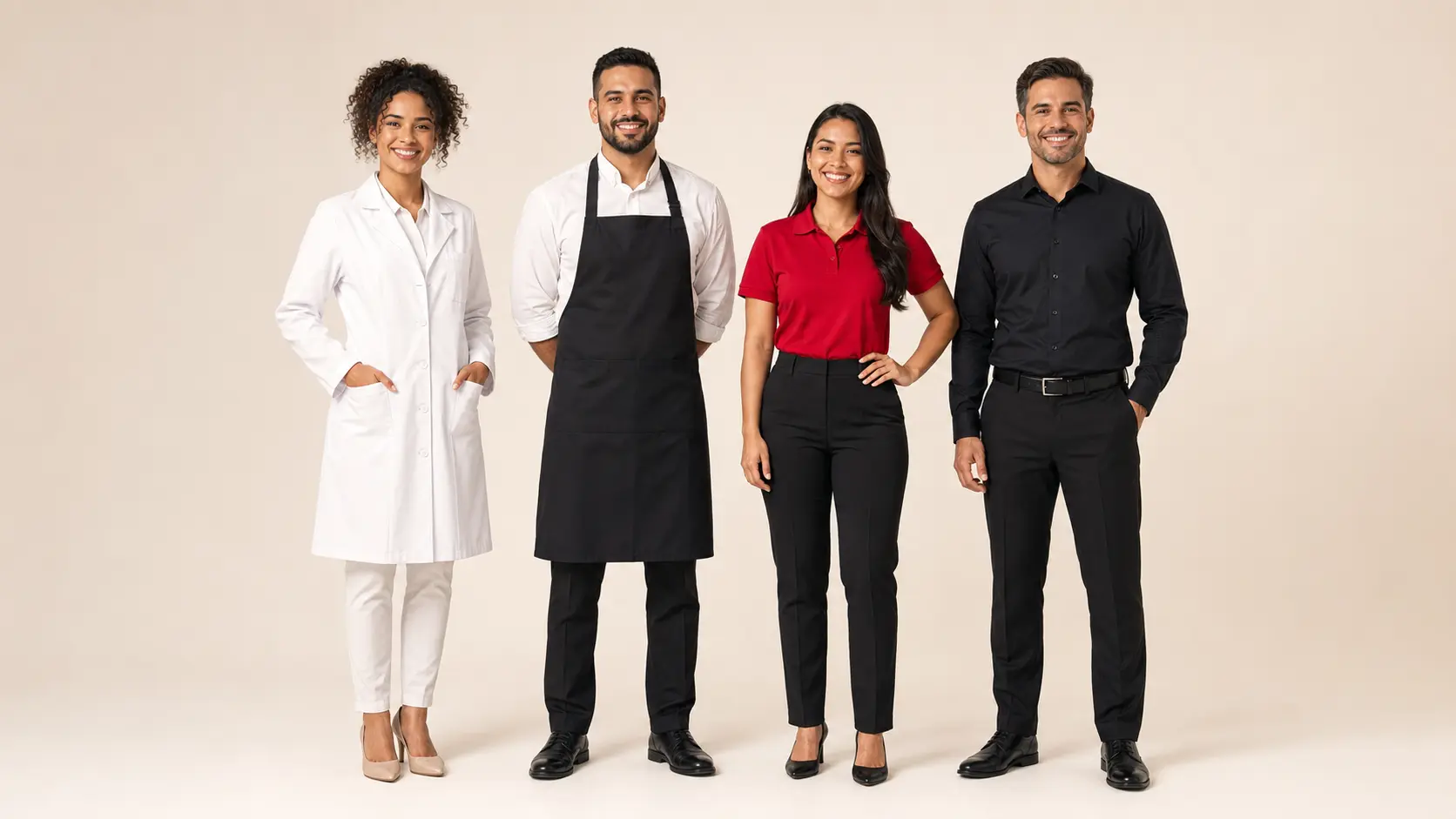 Profissionais de diferentes segmentos vestindo uniformes Tiquinho