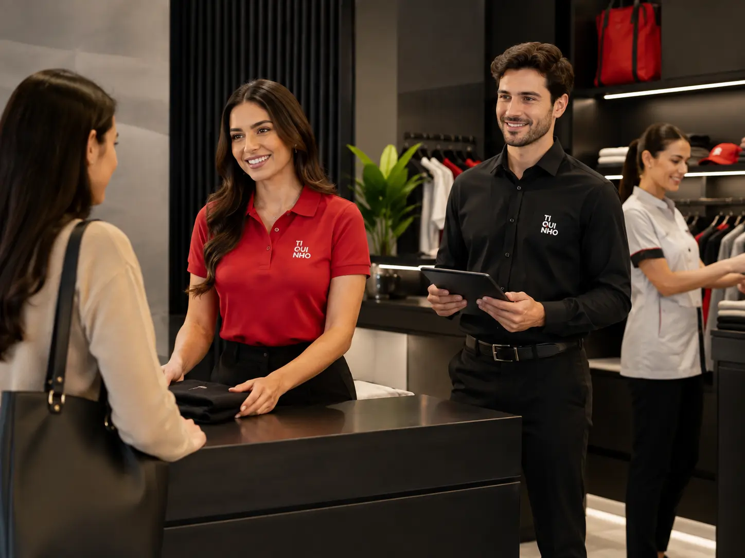 Equipe uniformizada atendendo cliente em estabelecimento de Catanduva
