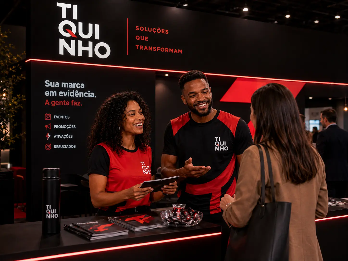 Equipe Tiquinho atendendo visitante em estande de evento corporativo