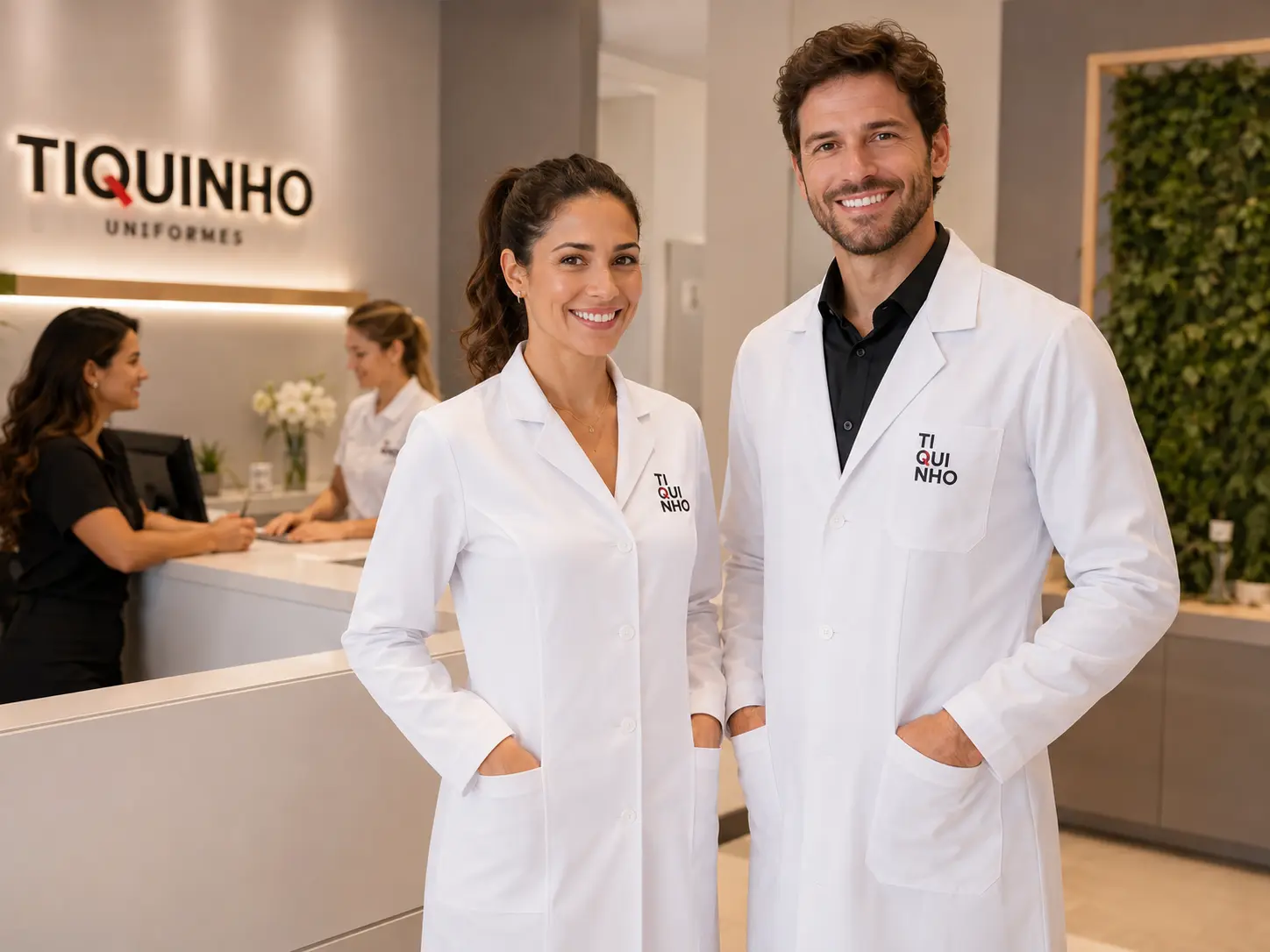 Profissionais de saúde usando jalecos personalizados em clínica de Olímpia