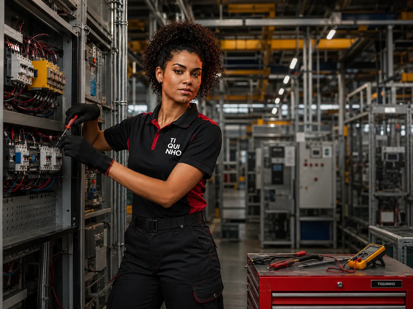 Profissional de manutenção usando uniforme personalizado em ambiente industrial de Votuporanga